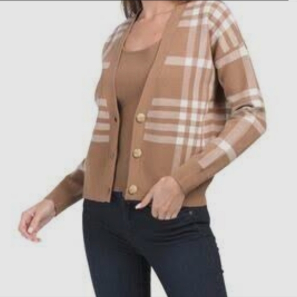 Rachel Zoe Tan and Cream Plaid Sweater - Picture 1 of 7